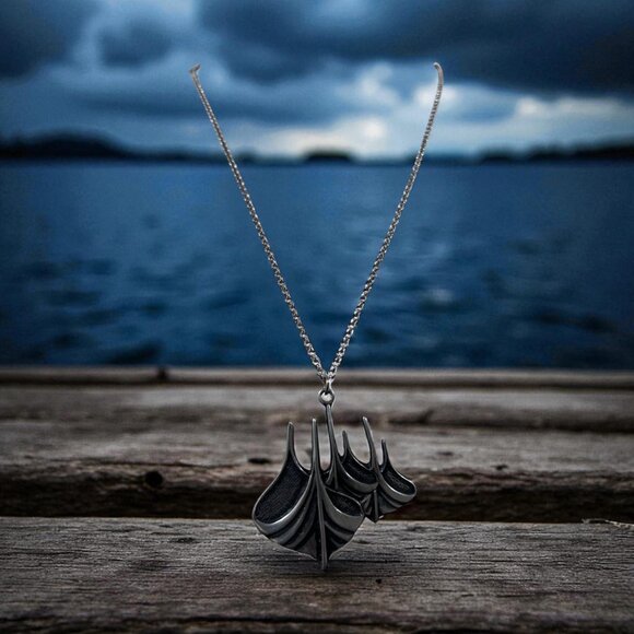 VTG Mid Century Pewter Viking Pendant Norway Boat Necklace Sign Eivind Hillestad - Picture 1 of 9